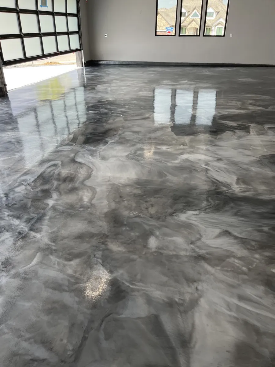 Metallic epoxy garage floor with a high-gloss clear coat, Denver