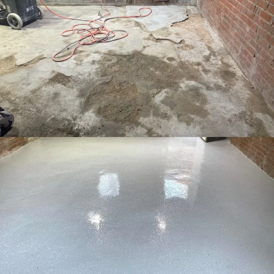 Before and after — worn concrete slab above, finished coated floor below